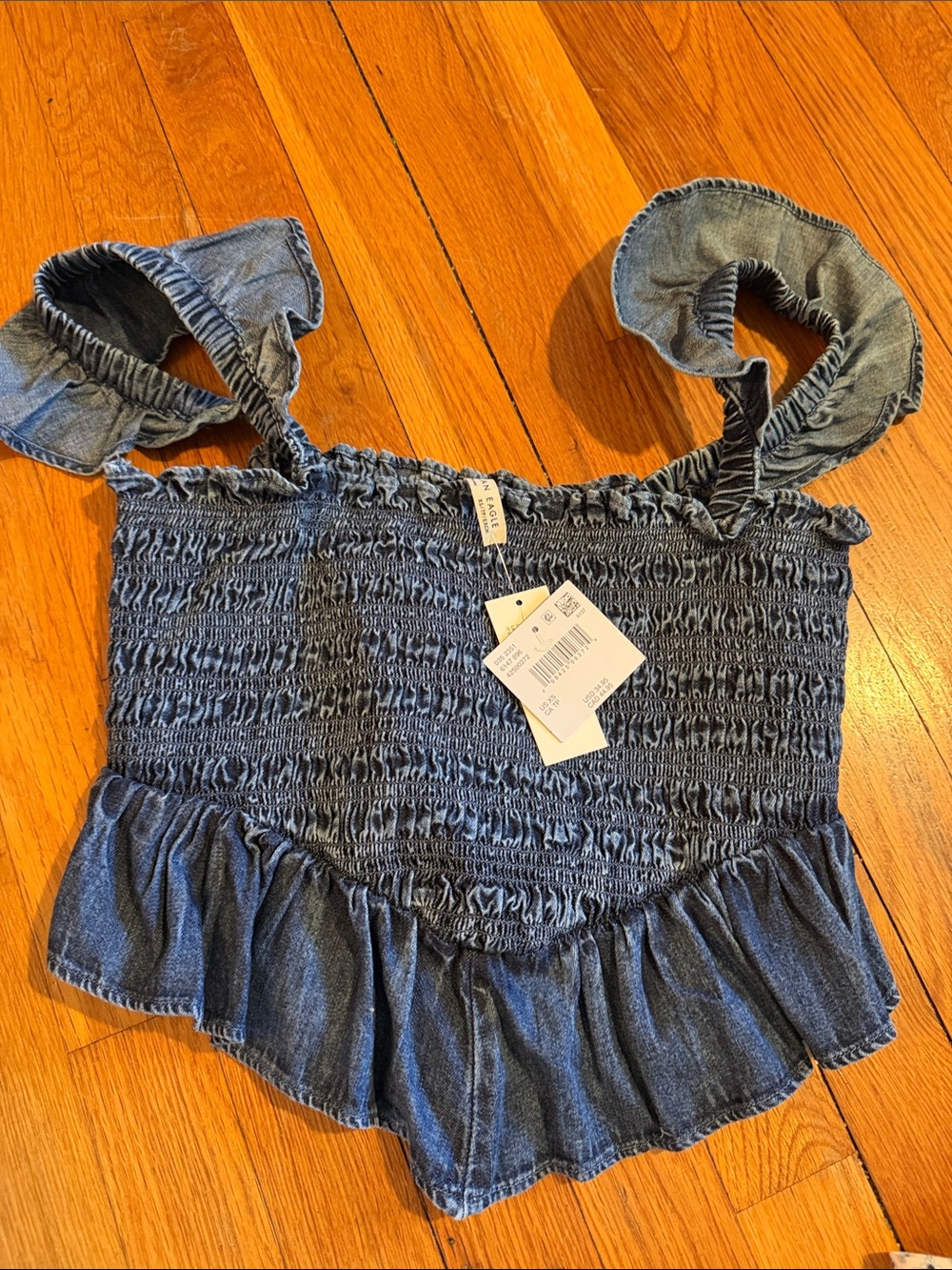 American Eagle Outfitters Denim Smocked Ruffle Camisole - Blue